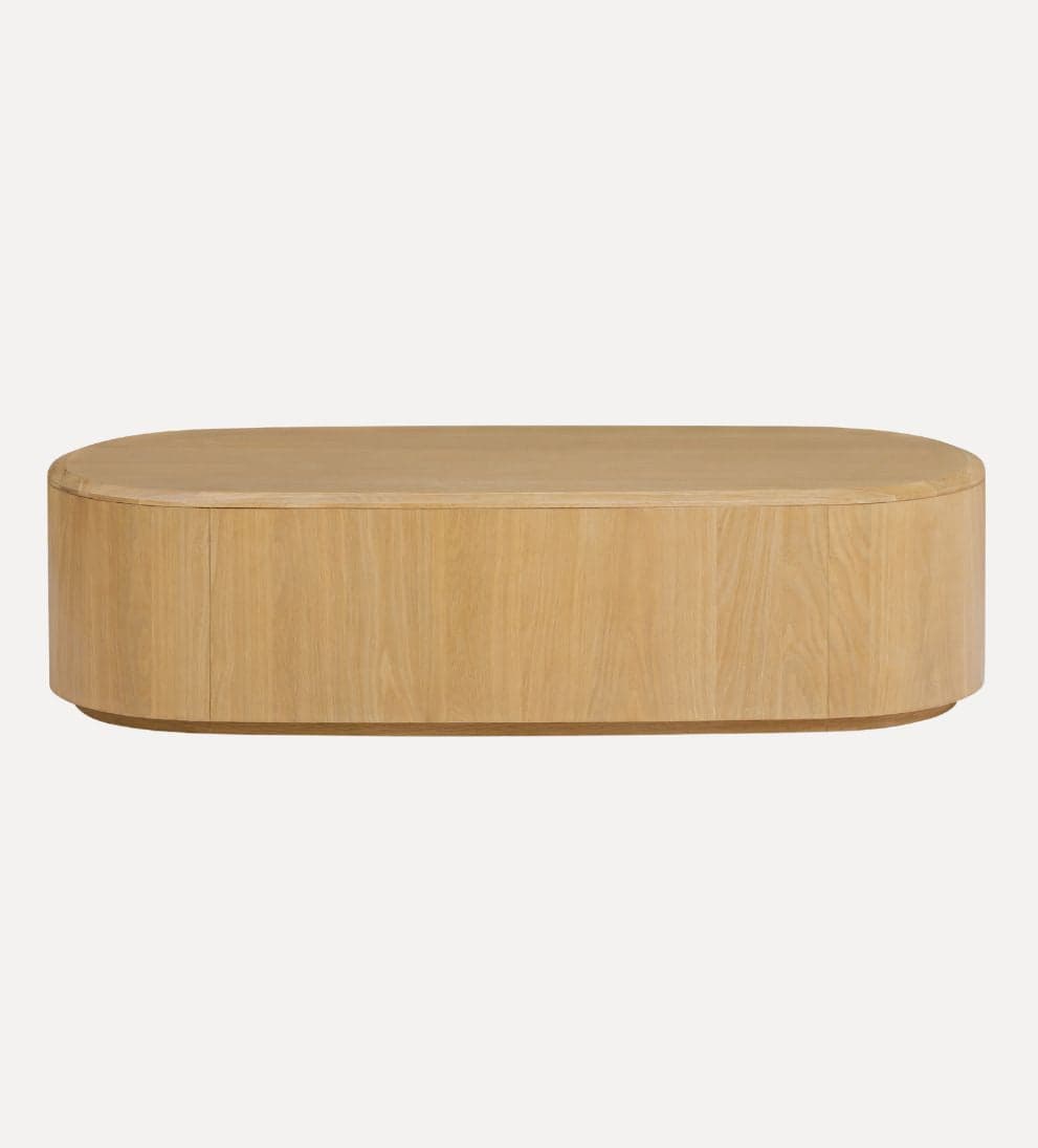 Blair Oval Coffee Table – Natural Oak Coffee Table with Bold Island-Like Shape, Recessed Plinth Base for Floating Effect, Beveled Wood Top, 55.13"W x 25.5"D x 14.13"H