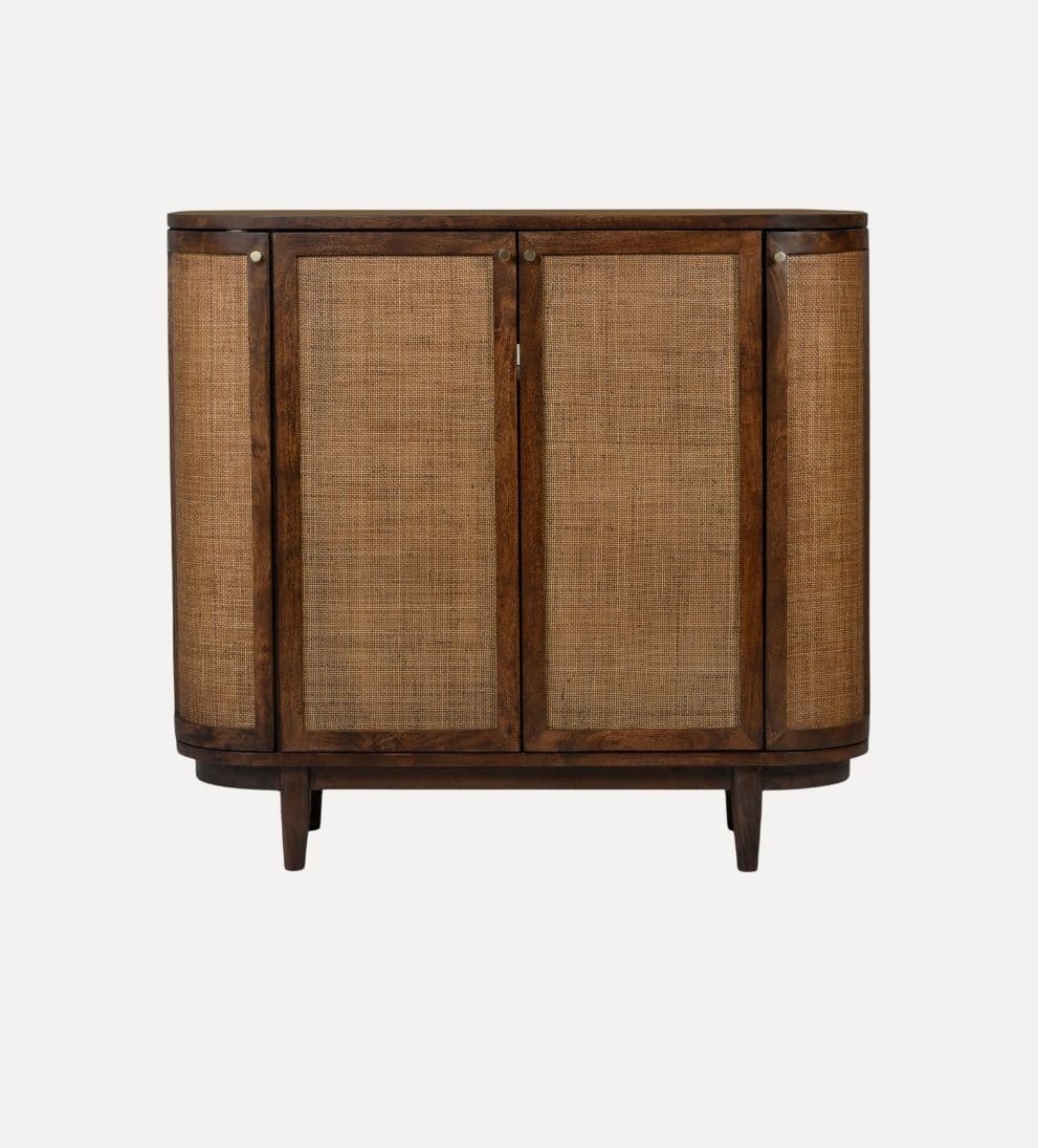 Chloe Entryway Cabinet – Curved Cane-Detailed Storage Cabinet with Warm Acacia Wood, Rounded Silhouette, Inviting Robust Design for Entryway or Living Space, 52"W x 20"D x 48"H