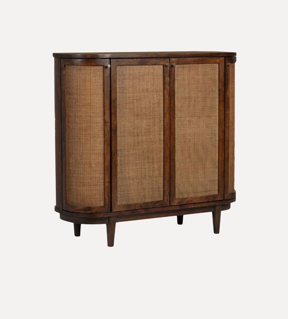 Chloe Entryway Cabinet – Curved Cane-Detailed Storage Cabinet with Warm Acacia Wood, Rounded Silhouette, Inviting Robust Design for Entryway or Living Space, 52"W x 20"D x 48"H