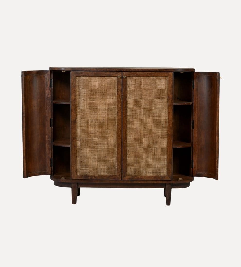 Chloe Entryway Cabinet – Curved Cane-Detailed Storage Cabinet with Warm Acacia Wood, Rounded Silhouette, Inviting Robust Design for Entryway or Living Space, 52"W x 20"D x 48"H