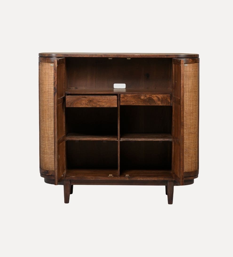 Chloe Entryway Cabinet – Curved Cane-Detailed Storage Cabinet with Warm Acacia Wood, Rounded Silhouette, Inviting Robust Design for Entryway or Living Space, 52"W x 20"D x 48"H