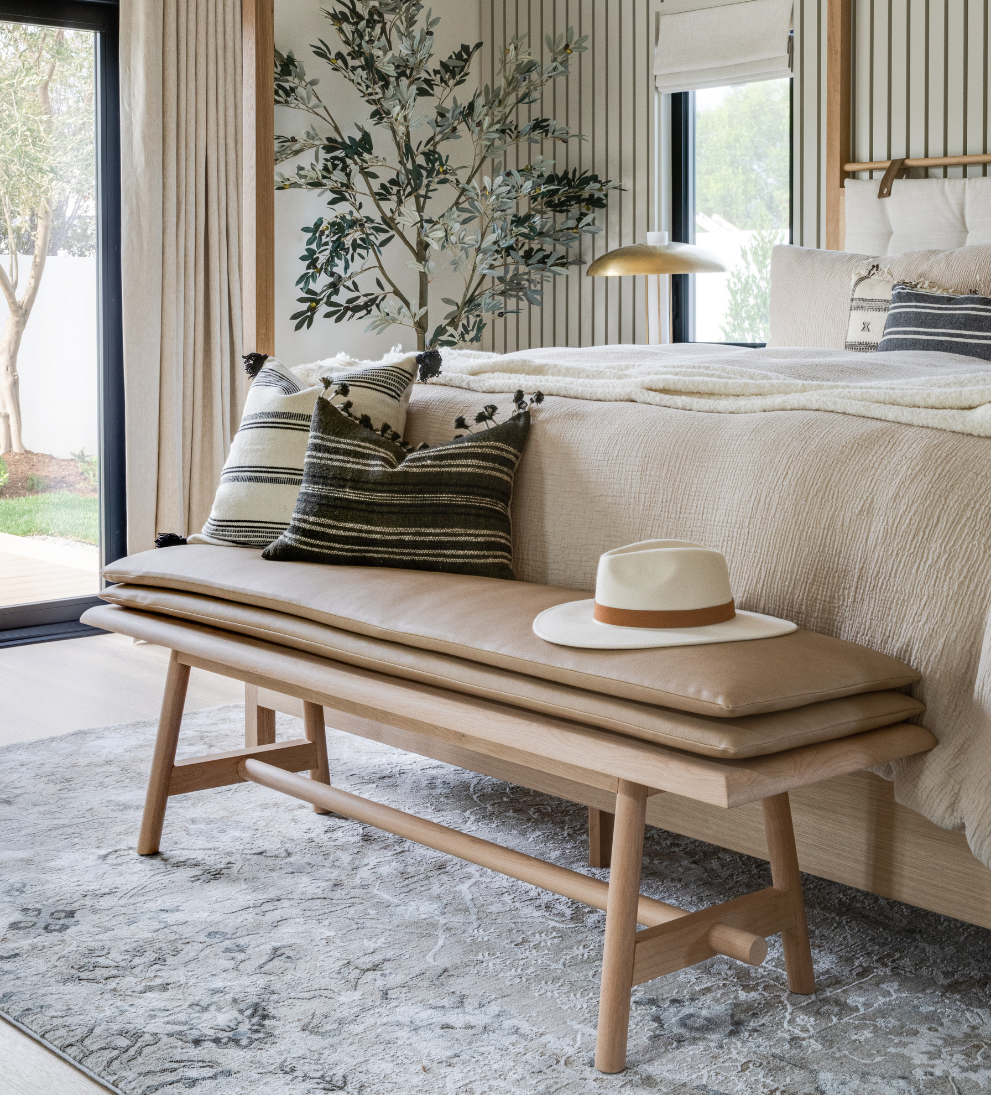 Ami Bench – Solid White Oak Bench with Tapered Legs, Double Leather Cushion, Scandinavian-Inspired Design, Versatile Statement Piece for Any Space, 66"L x 18"W x 21"H