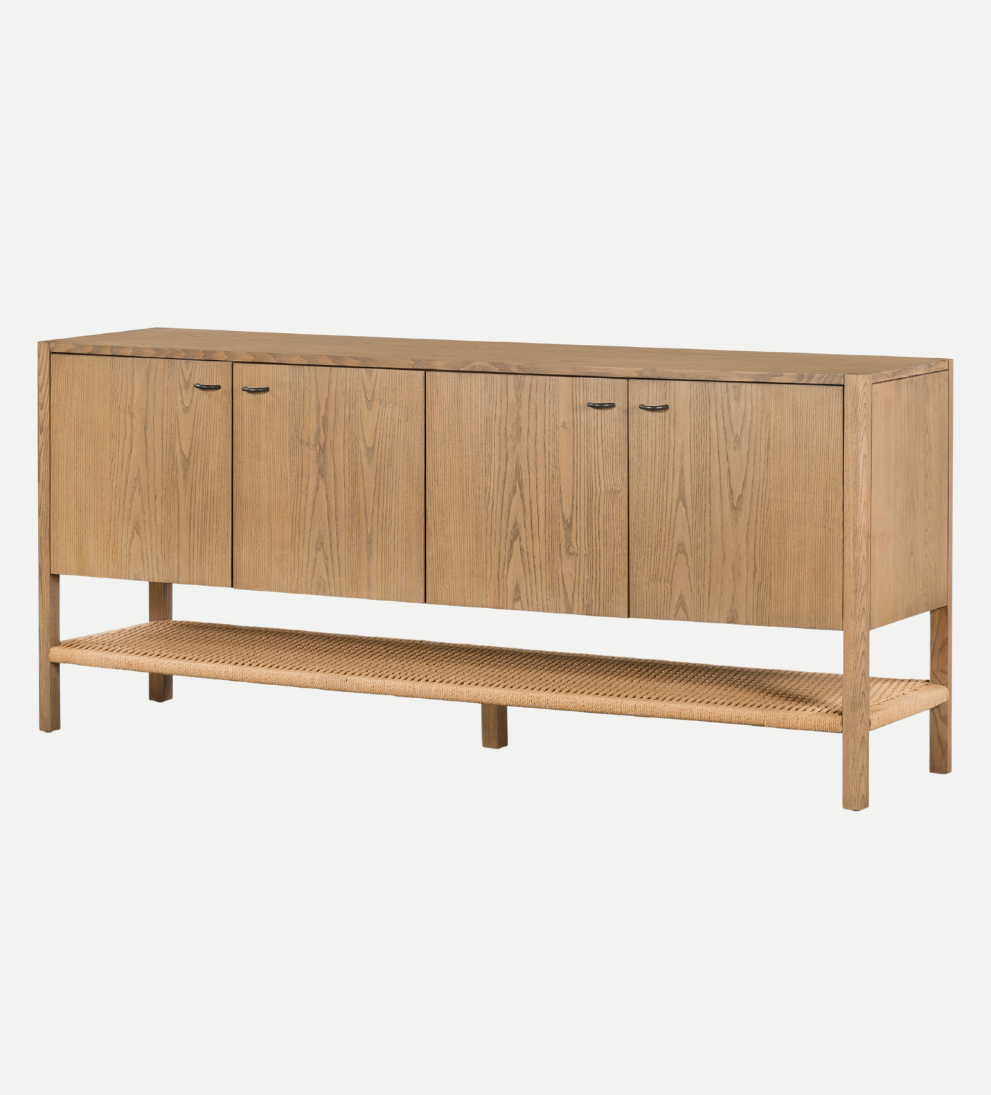 Shadow Sideboard – Solid Ash Buffet with Iron Hardware, Stretcher-Style Shelving Unit with Open Bottom Shelf, Refined Classic Look for Entryway or Storage, Dimensions Not Specified