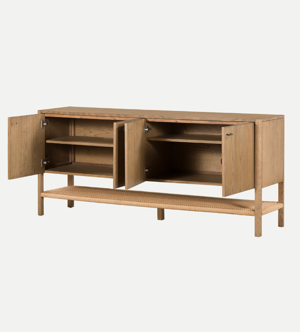 Shadow Sideboard – Solid Ash Buffet with Iron Hardware, Stretcher-Style Shelving Unit with Open Bottom Shelf, Refined Classic Look for Entryway or Storage, Dimensions Not Specified