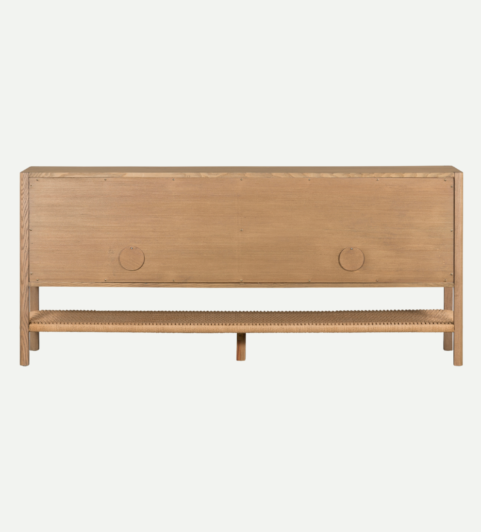 Shadow Sideboard – Solid Ash Buffet with Iron Hardware, Stretcher-Style Shelving Unit with Open Bottom Shelf, Refined Classic Look for Entryway or Storage, Dimensions Not Specified