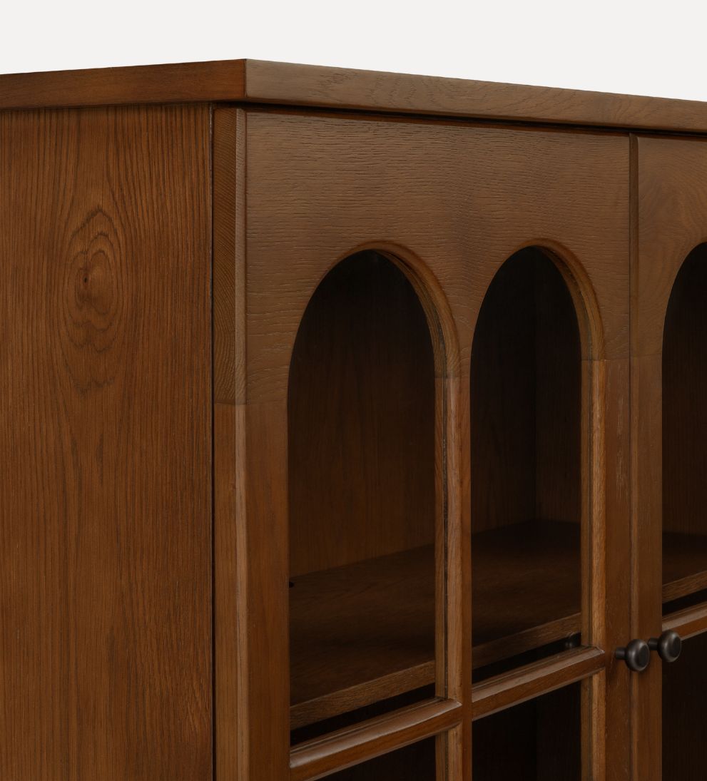 Alena Nutmeg Credenza – Arched Glass-Front Buffet with Warm Oak Finish, Spacious Shelving for Display & Storage, Architectural Detailing, 83"W x 18"D x 38"H