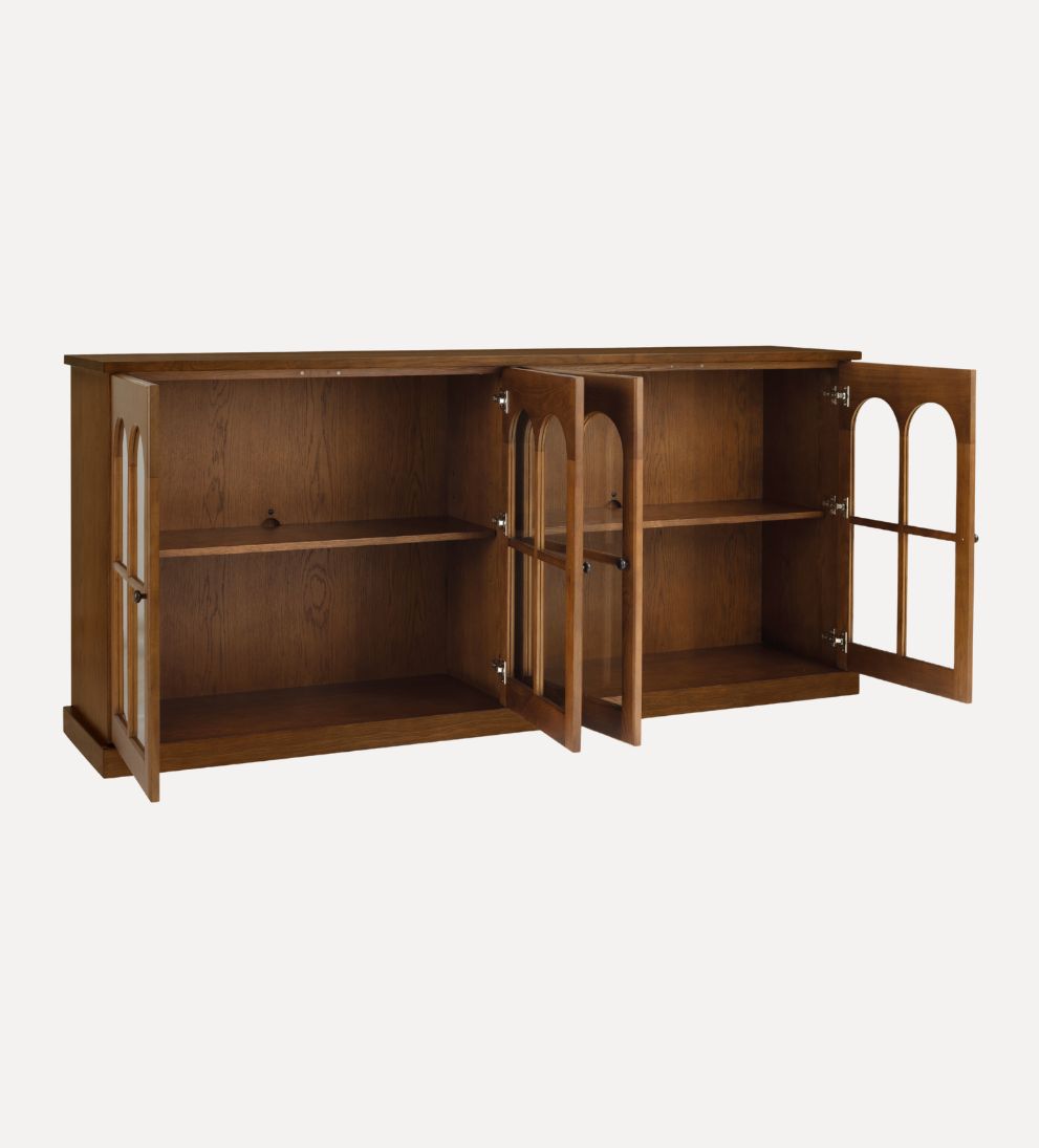 Alena Nutmeg Credenza – Arched Glass-Front Buffet with Warm Oak Finish, Spacious Shelving for Display & Storage, Architectural Detailing, 83"W x 18"D x 38"H