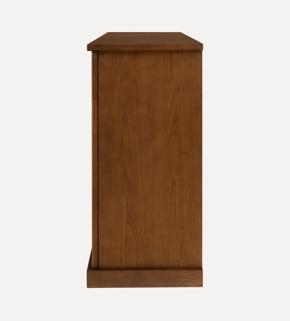 Alena Nutmeg Credenza – Arched Glass-Front Buffet with Warm Oak Finish, Spacious Shelving for Display & Storage, Architectural Detailing, 83"W x 18"D x 38"H