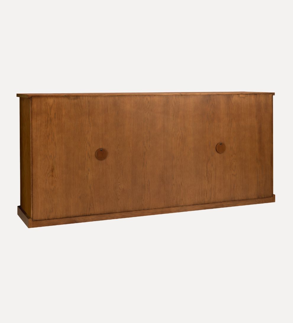 Alena Nutmeg Credenza – Arched Glass-Front Buffet with Warm Oak Finish, Spacious Shelving for Display & Storage, Architectural Detailing, 83"W x 18"D x 38"H