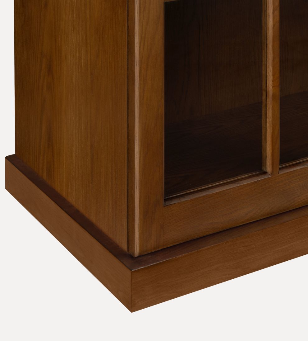 Alena Nutmeg Credenza – Arched Glass-Front Buffet with Warm Oak Finish, Spacious Shelving for Display & Storage, Architectural Detailing, 83"W x 18"D x 38"H
