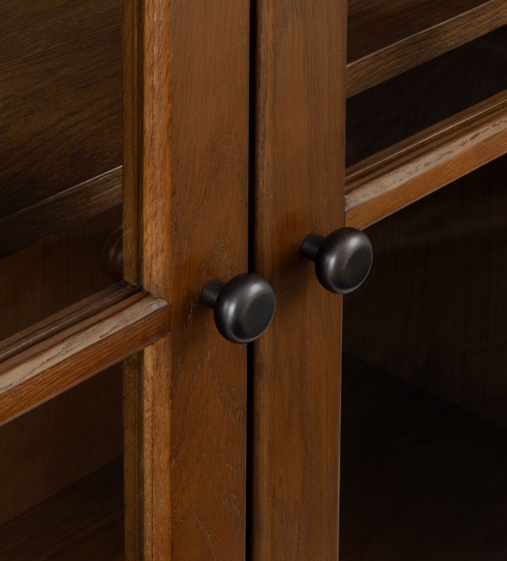 Alena Nutmeg Credenza – Arched Glass-Front Buffet with Warm Oak Finish, Spacious Shelving for Display & Storage, Architectural Detailing, 83"W x 18"D x 38"H