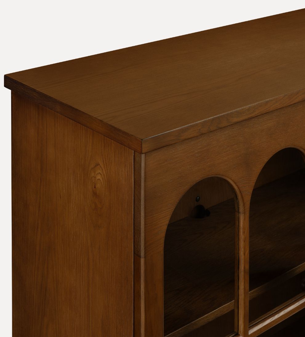 Alena Nutmeg Credenza – Arched Glass-Front Buffet with Warm Oak Finish, Spacious Shelving for Display & Storage, Architectural Detailing, 83"W x 18"D x 38"H