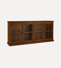 Alena Nutmeg Credenza – Arched Glass-Front Buffet with Warm Oak Finish, Spacious Shelving for Display & Storage, Architectural Detailing, 83"W x 18"D x 38"H
