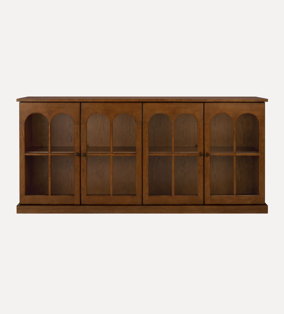 Alena Nutmeg Credenza – Arched Glass-Front Buffet with Warm Oak Finish, Spacious Shelving for Display & Storage, Architectural Detailing, 83"W x 18"D x 38"H