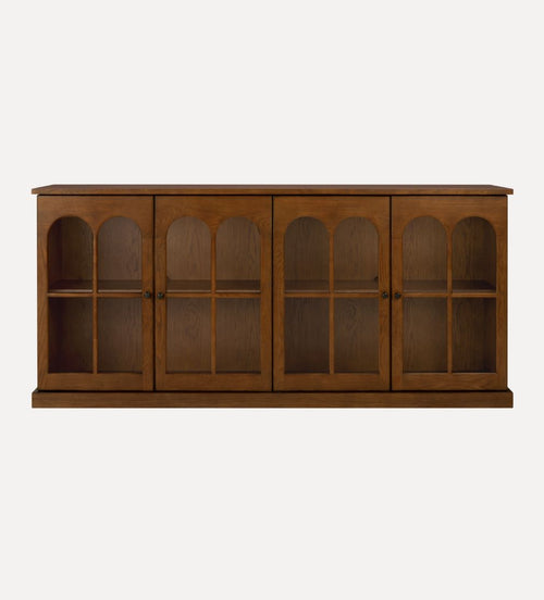 Alena Nutmeg Credenza – Arched Glass-Front Buffet with Warm Oak Finish, Spacious Shelving for Display & Storage, Architectural Detailing, 83"W x 18"D x 38"H