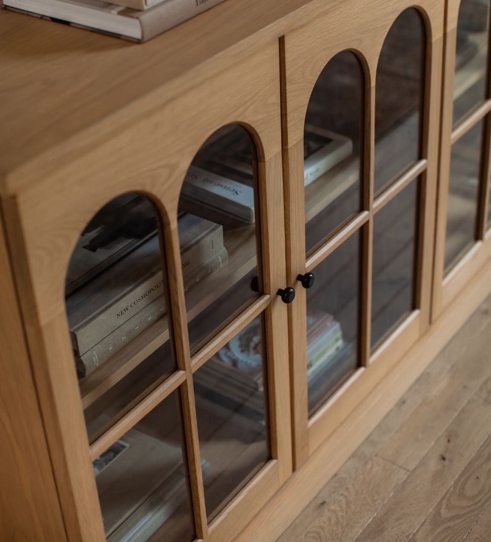 Alena White Oak Credenza – Arched Glass-Door Buffet with Warm White Oak Finish, Architectural Arch Motif, Spacious Display Shelving, 83"W x 18"D x 38"H