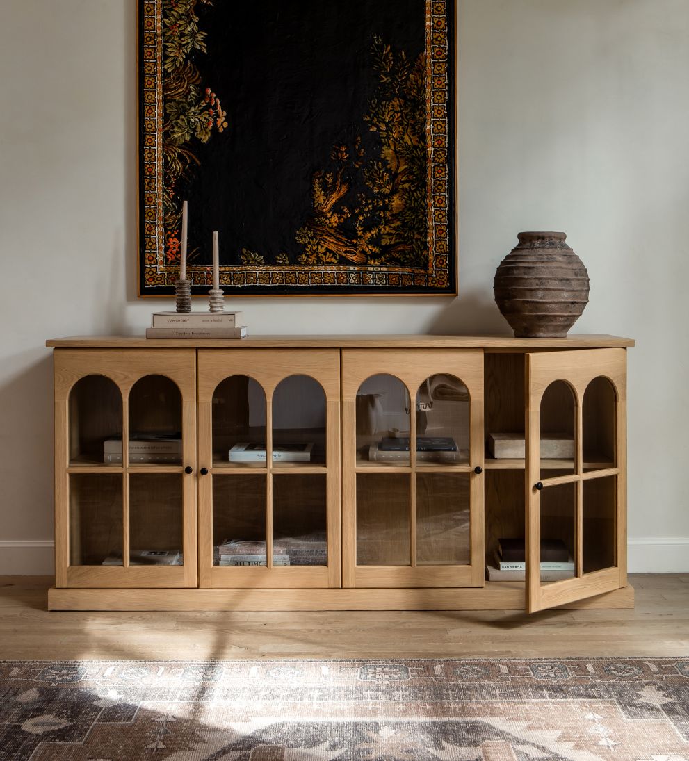 Alena White Oak Credenza – Arched Glass-Door Buffet with Warm White Oak Finish, Architectural Arch Motif, Spacious Display Shelving, 83"W x 18"D x 38"H