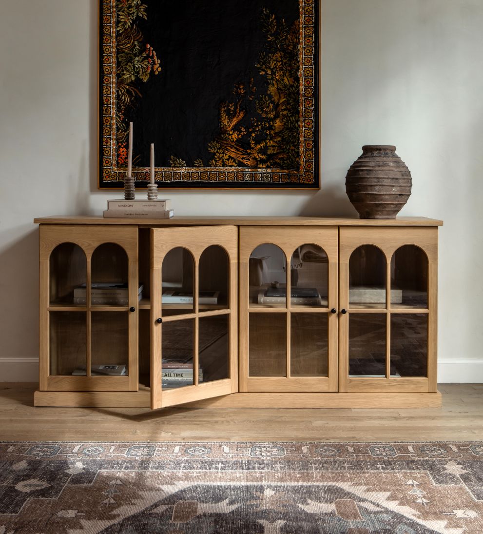 Alena White Oak Credenza – Arched Glass-Door Buffet with Warm White Oak Finish, Architectural Arch Motif, Spacious Display Shelving, 83"W x 18"D x 38"H