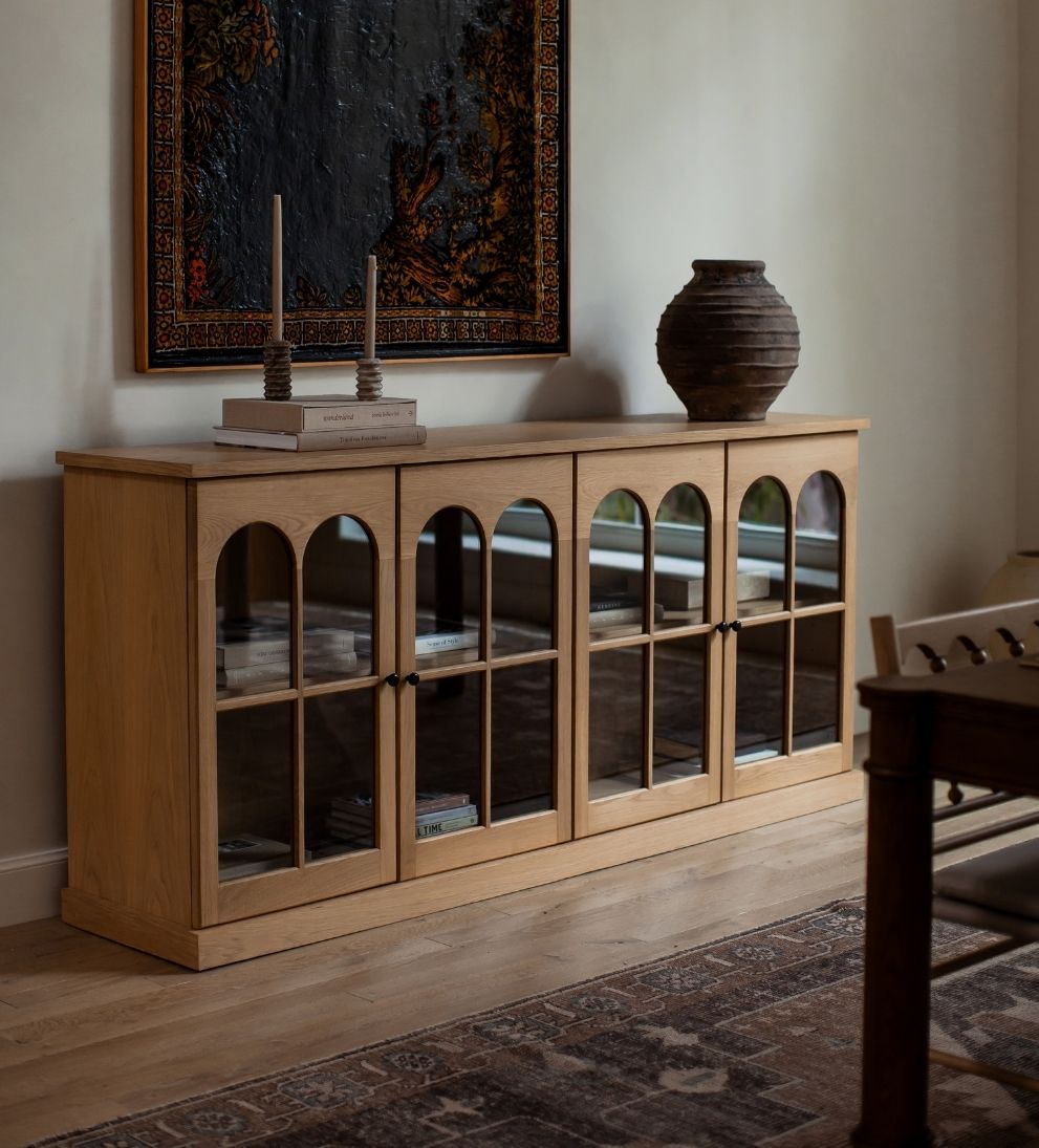Alena White Oak Credenza – Arched Glass-Door Buffet with Warm White Oak Finish, Architectural Arch Motif, Spacious Display Shelving, 83"W x 18"D x 38"H