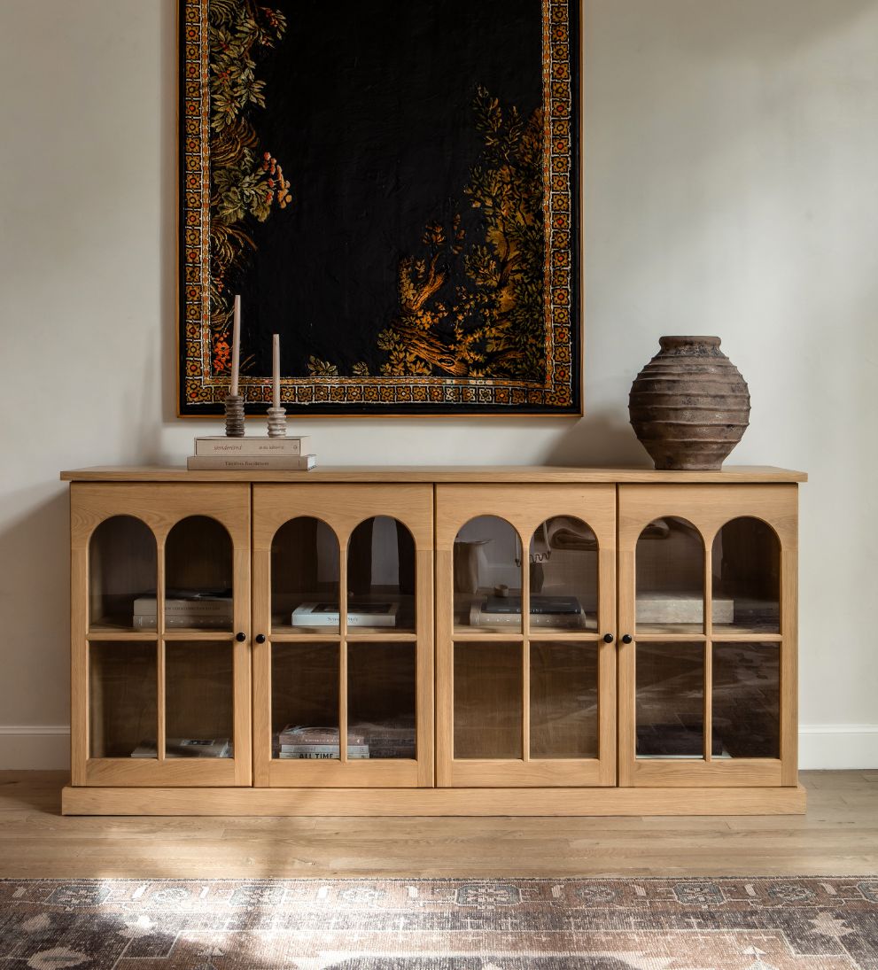 Alena White Oak Credenza – Arched Glass-Door Buffet with Warm White Oak Finish, Architectural Arch Motif, Spacious Display Shelving, 83"W x 18"D x 38"H