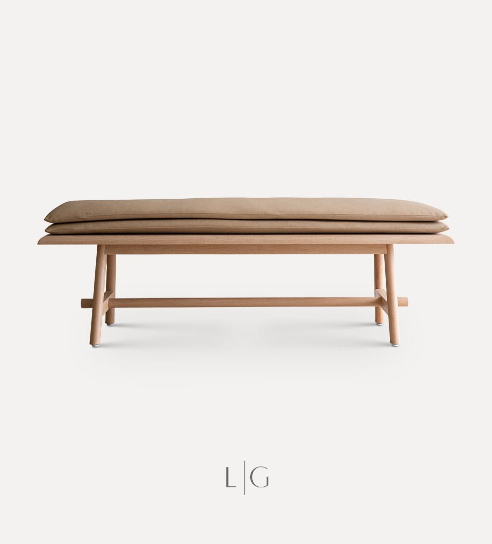 Ami Bench – Solid White Oak Bench with Tapered Legs, Double Leather Cushion, Scandinavian-Inspired Design, Versatile Statement Piece for Any Space, 66"L x 18"W x 21"H