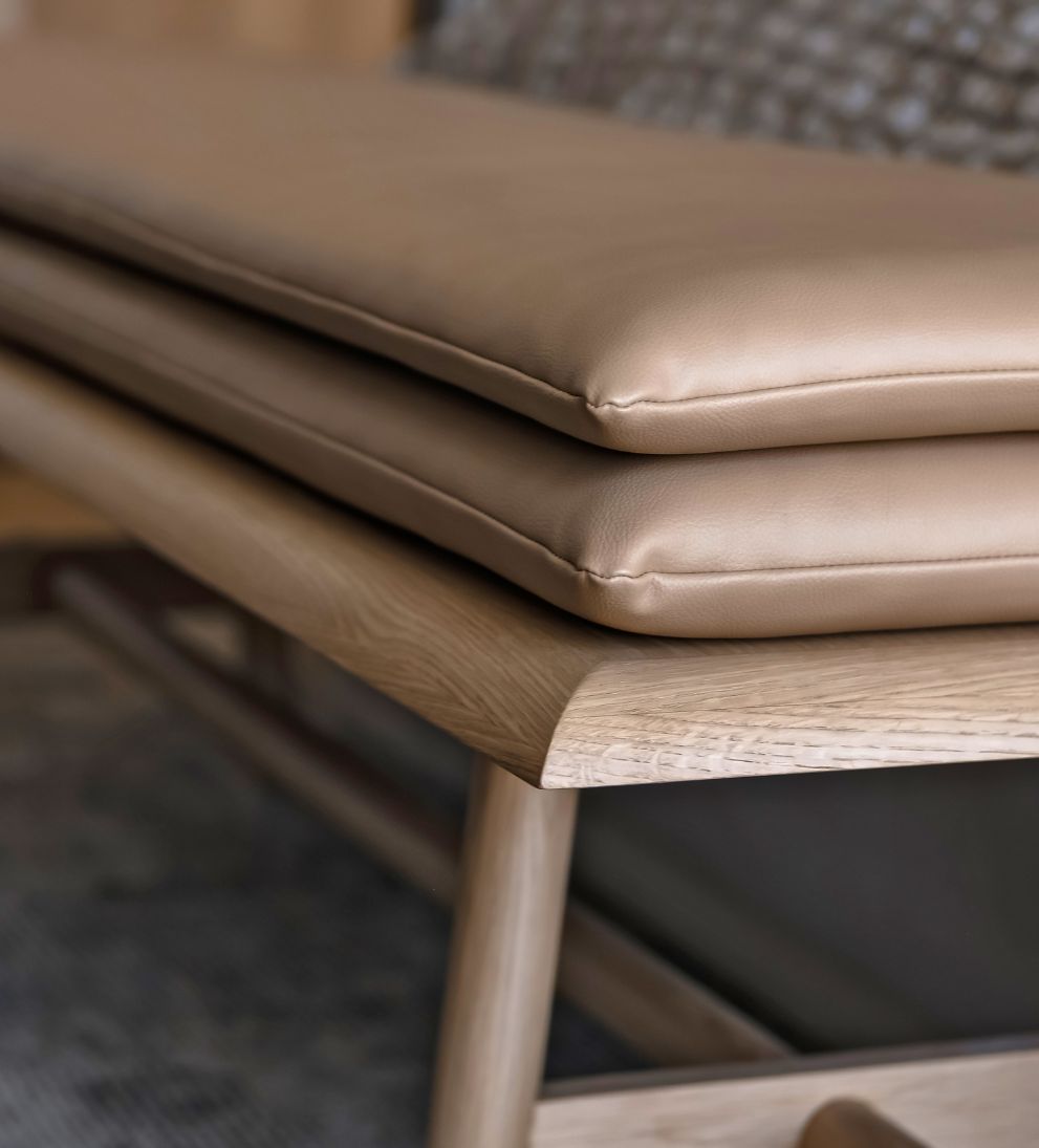 Ami Bench – Solid White Oak Bench with Tapered Legs, Double Leather Cushion, Scandinavian-Inspired Design, Versatile Statement Piece for Any Space, 66"L x 18"W x 21"H