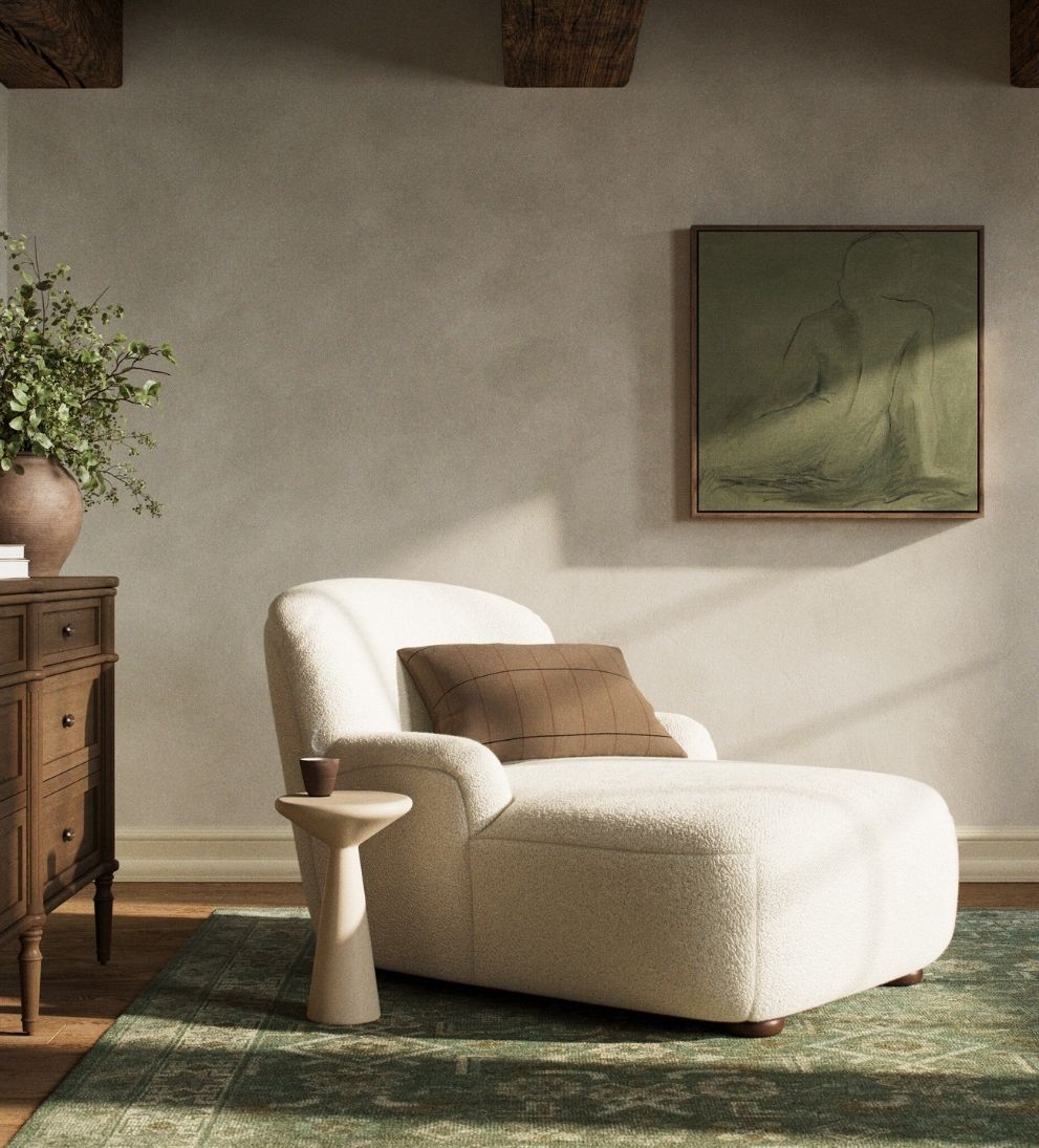 Avon Chaise Lounge in Sheepskin Natural - Overall Dimensions: 66 W x 30 D x 28 H | Seat Height: 17 | Seat Depth: 48The Avon Chaise Lounge in Sheepski…