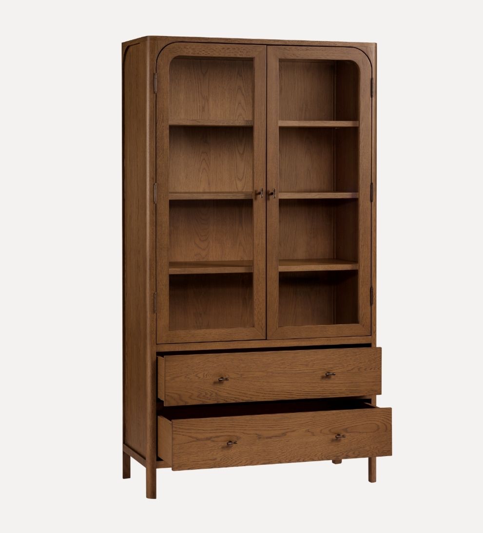 Walnut Newport Display Cabinet – Tall Glass-Front Storage with Soft-Close Drawers & Antique Bronze Hardware, 17"L x 39"W x 72"H