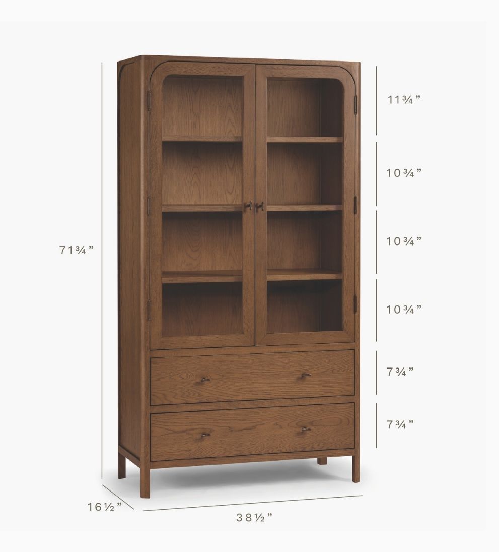 Walnut Newport Display Cabinet – Tall Glass-Front Storage with Soft-Close Drawers & Antique Bronze Hardware, 17"L x 39"W x 72"H