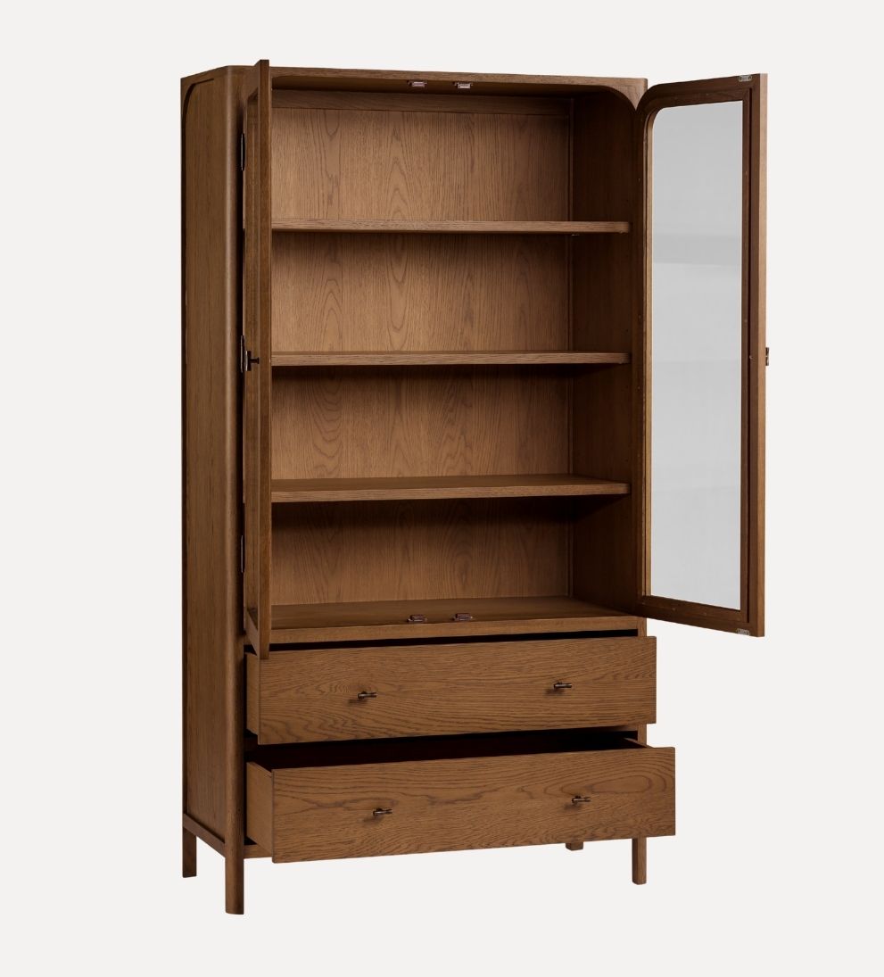 Walnut Newport Display Cabinet – Tall Glass-Front Storage with Soft-Close Drawers & Antique Bronze Hardware, 17"L x 39"W x 72"H