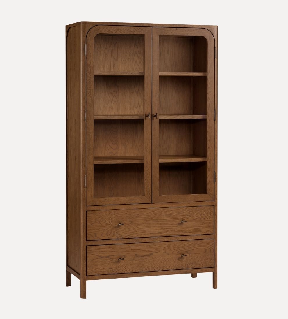 Walnut Newport Display Cabinet – Tall Glass-Front Storage with Soft-Close Drawers & Antique Bronze Hardware, 17"L x 39"W x 72"H