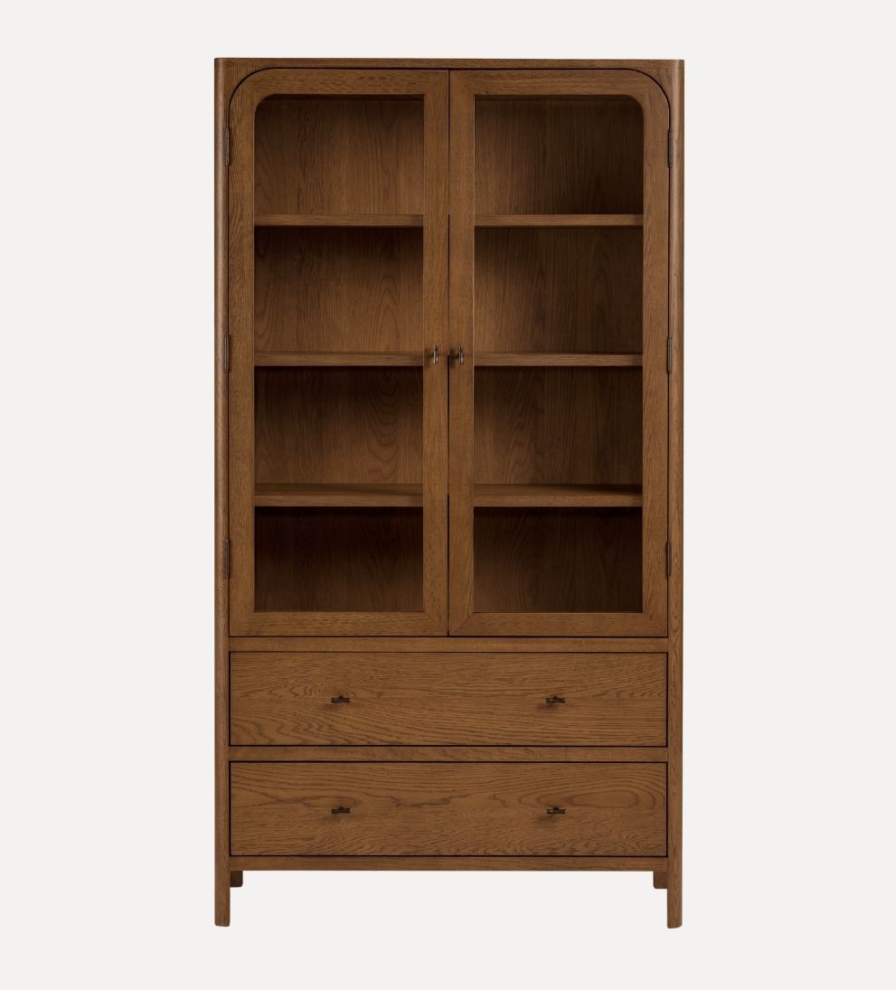 Walnut Newport Display Cabinet – Tall Glass-Front Storage with Soft-Close Drawers & Antique Bronze Hardware, 17"L x 39"W x 72"H