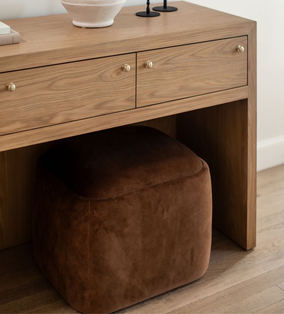 Marie Ottoman – Cognac Velvet Upholstered Ottoman with Tailored Cube Silhouette, Rich Warm Tone, Versatile Extra Seating or Footrest, 21"L x 24"W x 18"H