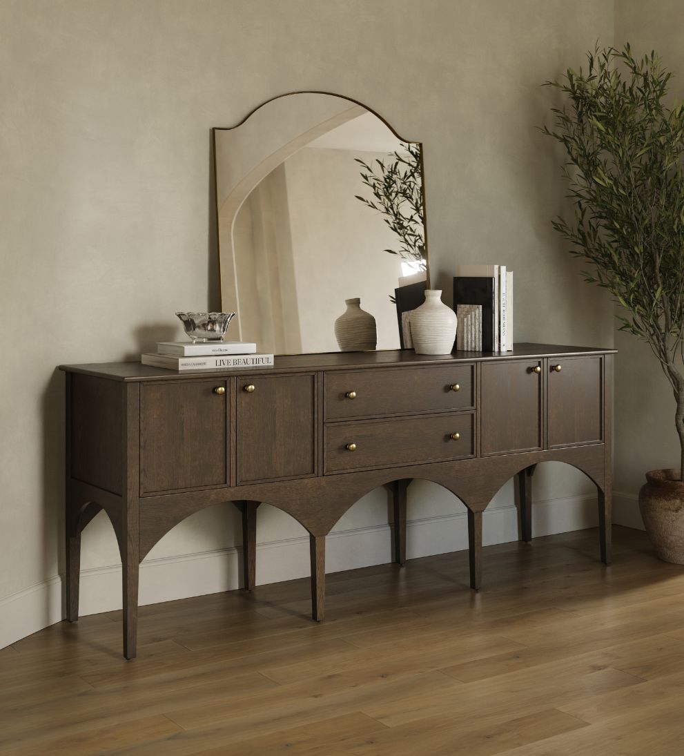 Cleo Buffet Espresso – 84" Wide Espresso Oak Buffet with Sculpted Doors, Brass Hardware, Generous Concealed Storage for Dining Room, 84"W x 21"D x 34"H