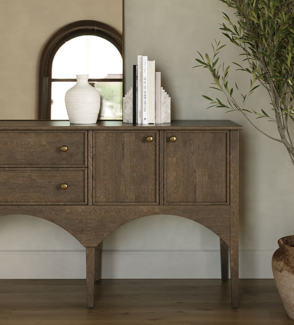 Cleo Buffet Espresso – 84" Wide Espresso Oak Buffet with Sculpted Doors, Brass Hardware, Generous Concealed Storage for Dining Room, 84"W x 21"D x 34"H