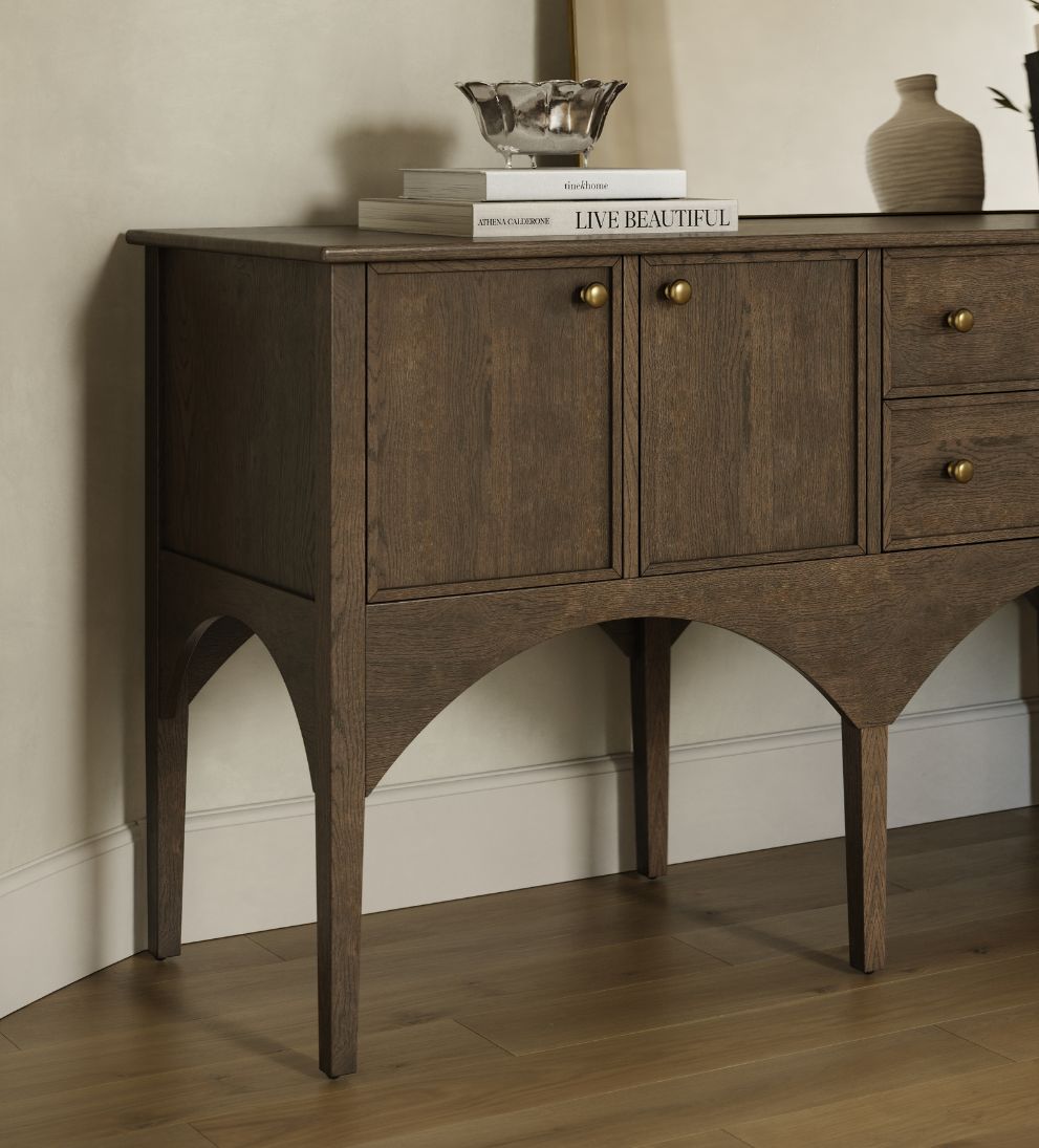 Cleo Buffet Espresso – 84" Wide Espresso Oak Buffet with Sculpted Doors, Brass Hardware, Generous Concealed Storage for Dining Room, 84"W x 21"D x 34"H