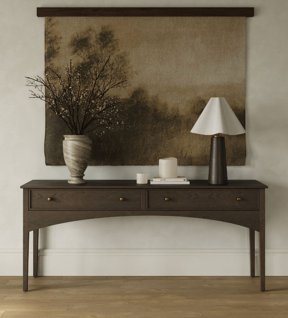 Cleo Console Espresso – Deep Espresso Oak Buffet with Brass Hardware, Architectural Lines, Versatile 72"W Console for Entryway or Living Space, 72"W x 18"D x 31"H