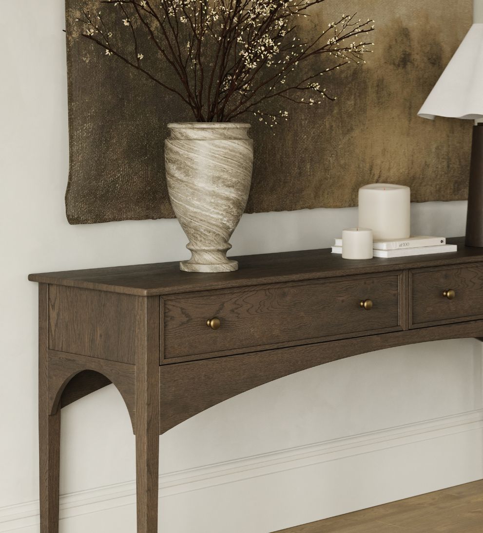 Cleo Console Espresso – Deep Espresso Oak Buffet with Brass Hardware, Architectural Lines, Versatile 72"W Console for Entryway or Living Space, 72"W x 18"D x 31"H