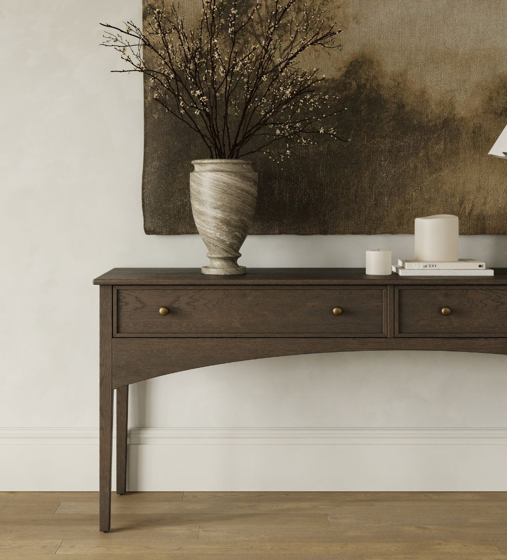 Cleo Console Espresso – Deep Espresso Oak Buffet with Brass Hardware, Architectural Lines, Versatile 72"W Console for Entryway or Living Space, 72"W x 18"D x 31"H