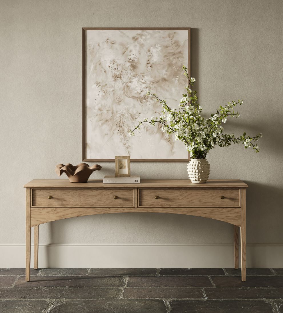 Cleo Console White Oak – Warm White Oak Console with Natural Grain, Brass Hardware, Long Lean Silhouette for Entryway or Living Space, 72"W x 18"D x 31"H