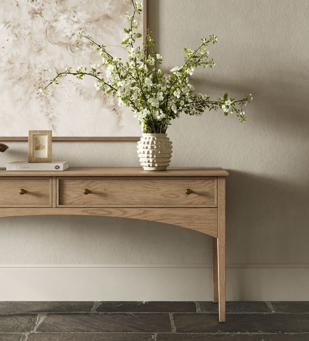 Cleo Console White Oak – Warm White Oak Console with Natural Grain, Brass Hardware, Long Lean Silhouette for Entryway or Living Space, 72"W x 18"D x 31"H