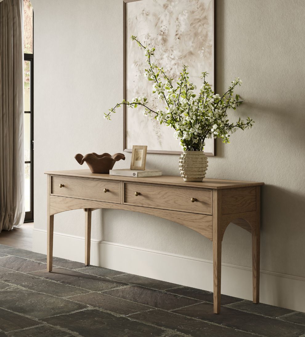 Cleo Console White Oak – Warm White Oak Console with Natural Grain, Brass Hardware, Long Lean Silhouette for Entryway or Living Space, 72"W x 18"D x 31"H