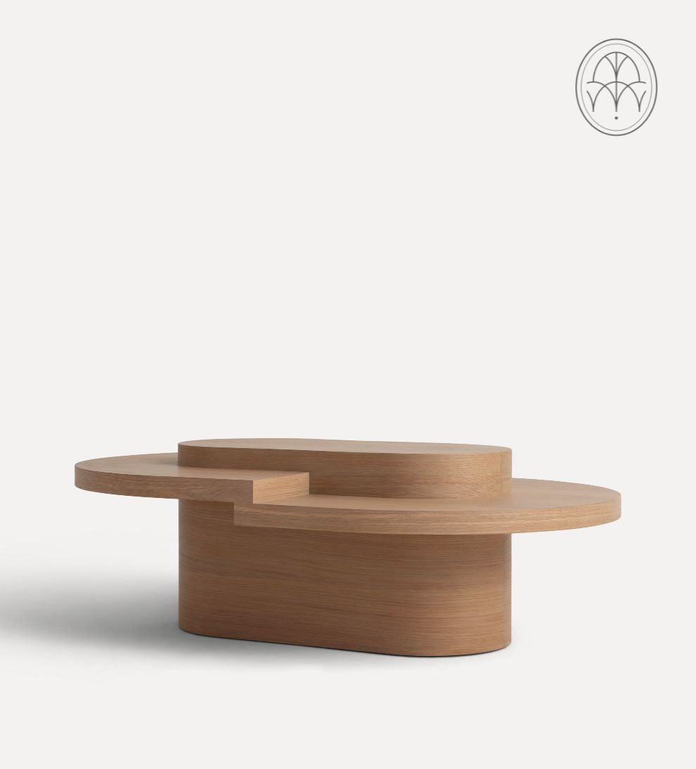 Emma White Oak Tiered Coffee Table - This asymmetrical top coffee table will bring a creative touch to any area - talk about a conversation starter!