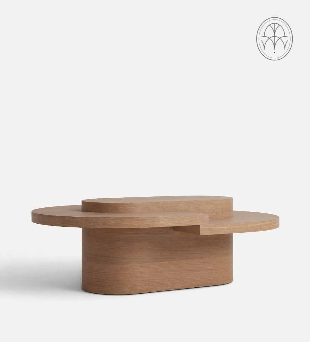 Emma White Oak Tiered Coffee Table - This asymmetrical top coffee table will bring a creative touch to any area - talk about a conversation starter!