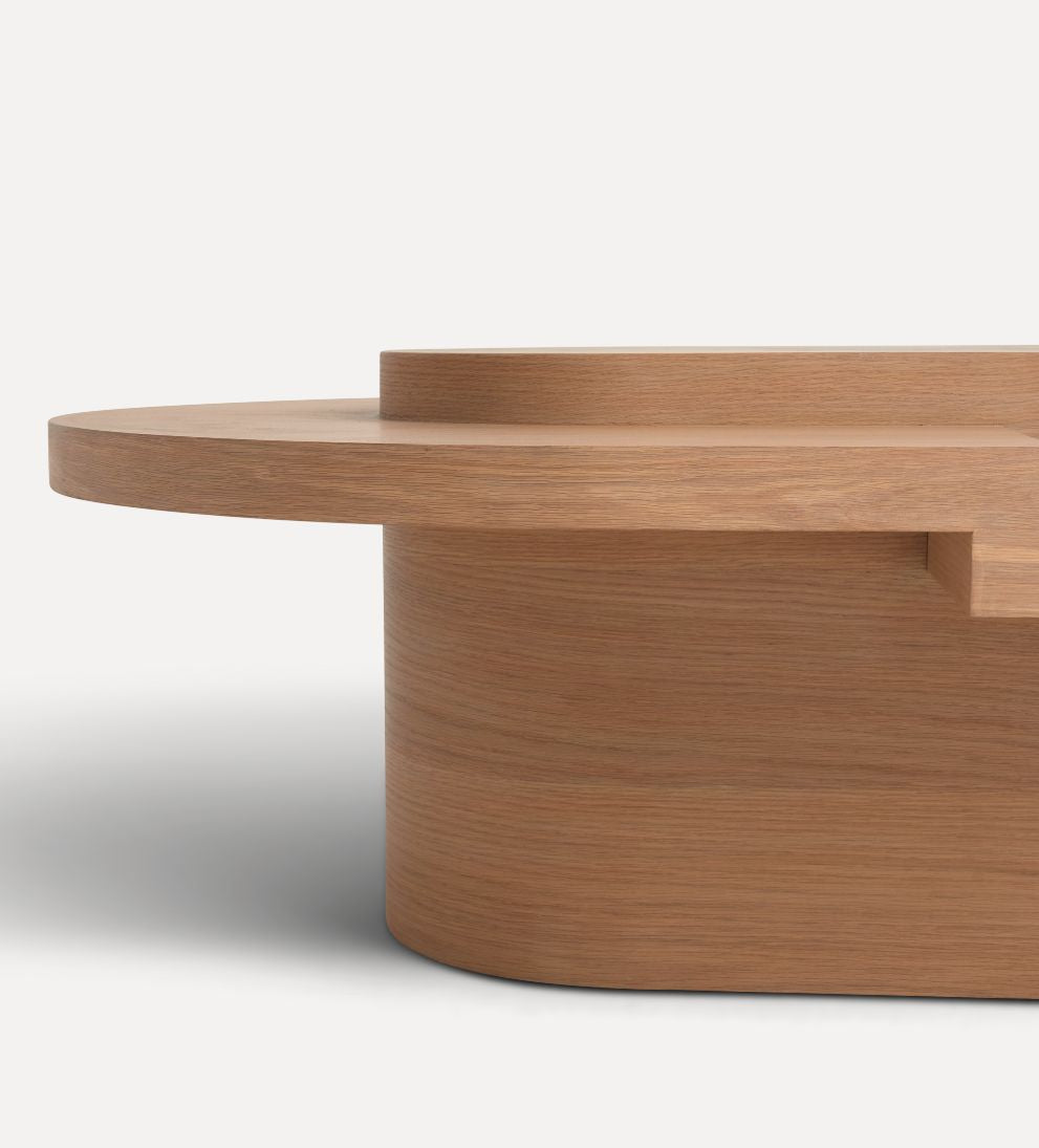 Emma White Oak Tiered Coffee Table - This asymmetrical top coffee table will bring a creative touch to any area - talk about a conversation starter!