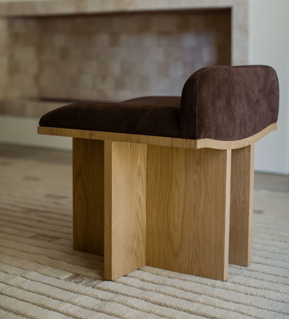 Eze Stool – Sculptural Upholstered Stool with Wavy Curved Seat, Architectural Oak Base, French Country Cool, Versatile Accent Piece for Vanity or Entryway, 20"W x 21"D x 22"H