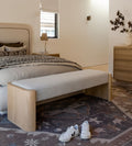 Fiona White Oak Curved Bench – Sculpted Oak Bench with Soft Rounded Edges, Plush Cushioned Seat, Minimalist Versatile Design for Bedroom or Entryway, 66"W x 22"D x 19"H