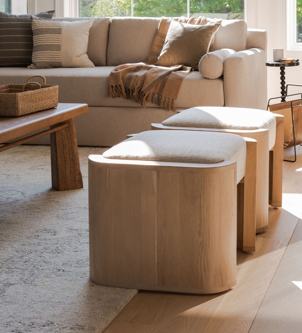Fiona Ottoman – White Oak Ottoman with Neutral Linen Fabric, Versatile Extra Seating or Footrest, Functional Design Looks Great from All Angles, 22"L x 22"W x 19"H