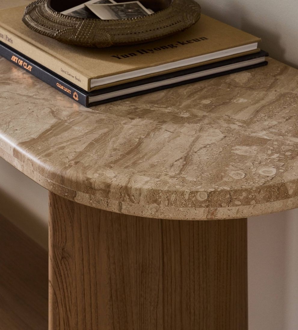 Ian Console Table in Sand Marble – Sculptural Buffet with Richly Veined Natural Stone, Clean Architectural Silhouette, Warm Texture for Entryway or Living Space, 74"W x 16"D x 31"H