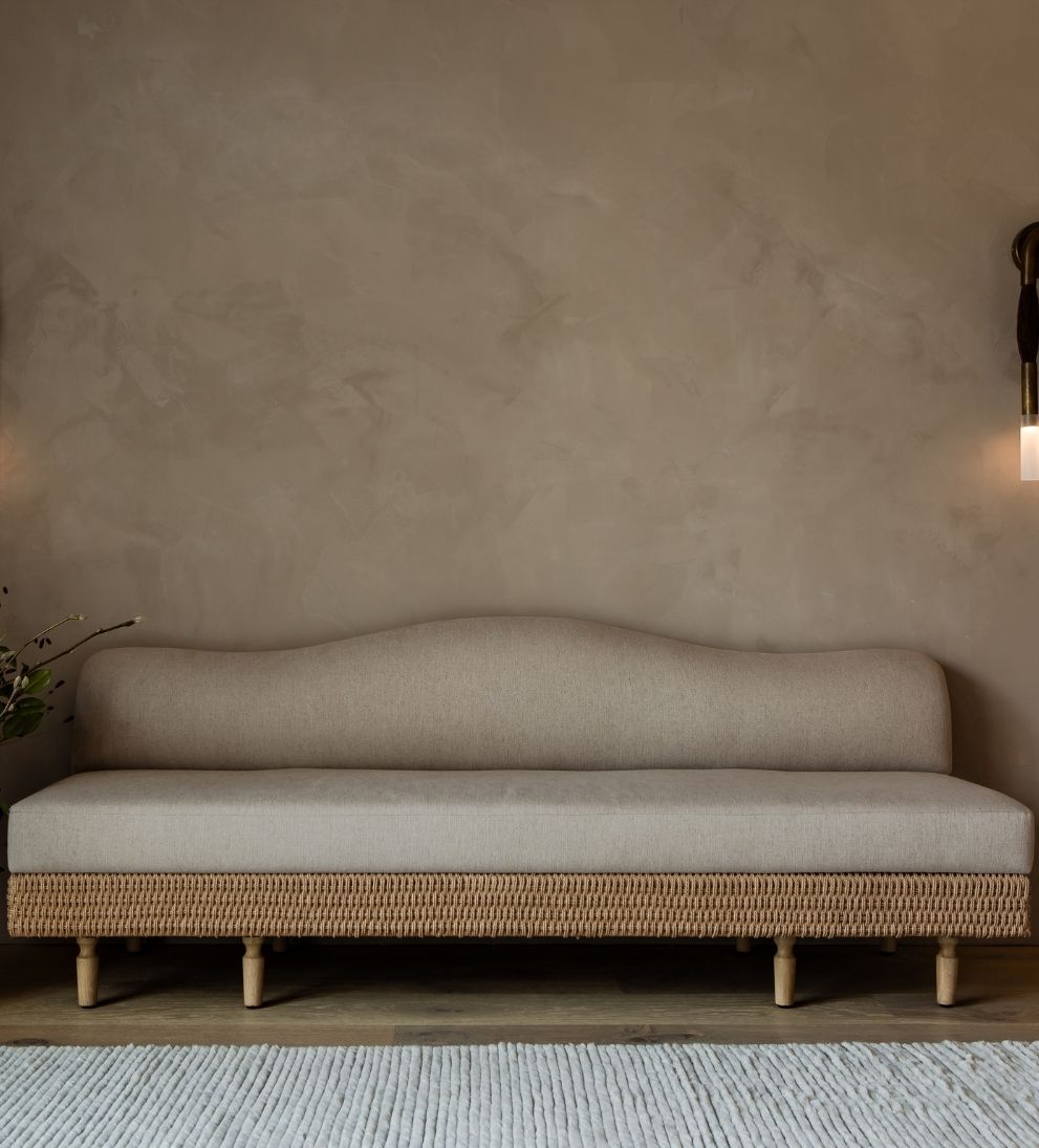 Iris Bench – Curved Backrest Bench with Handwoven Rattan Base, Neutral Upholstered Seat, Modern Organic Design for Entryway or Living Room, 84.25"L x 32.35"W x 35"H